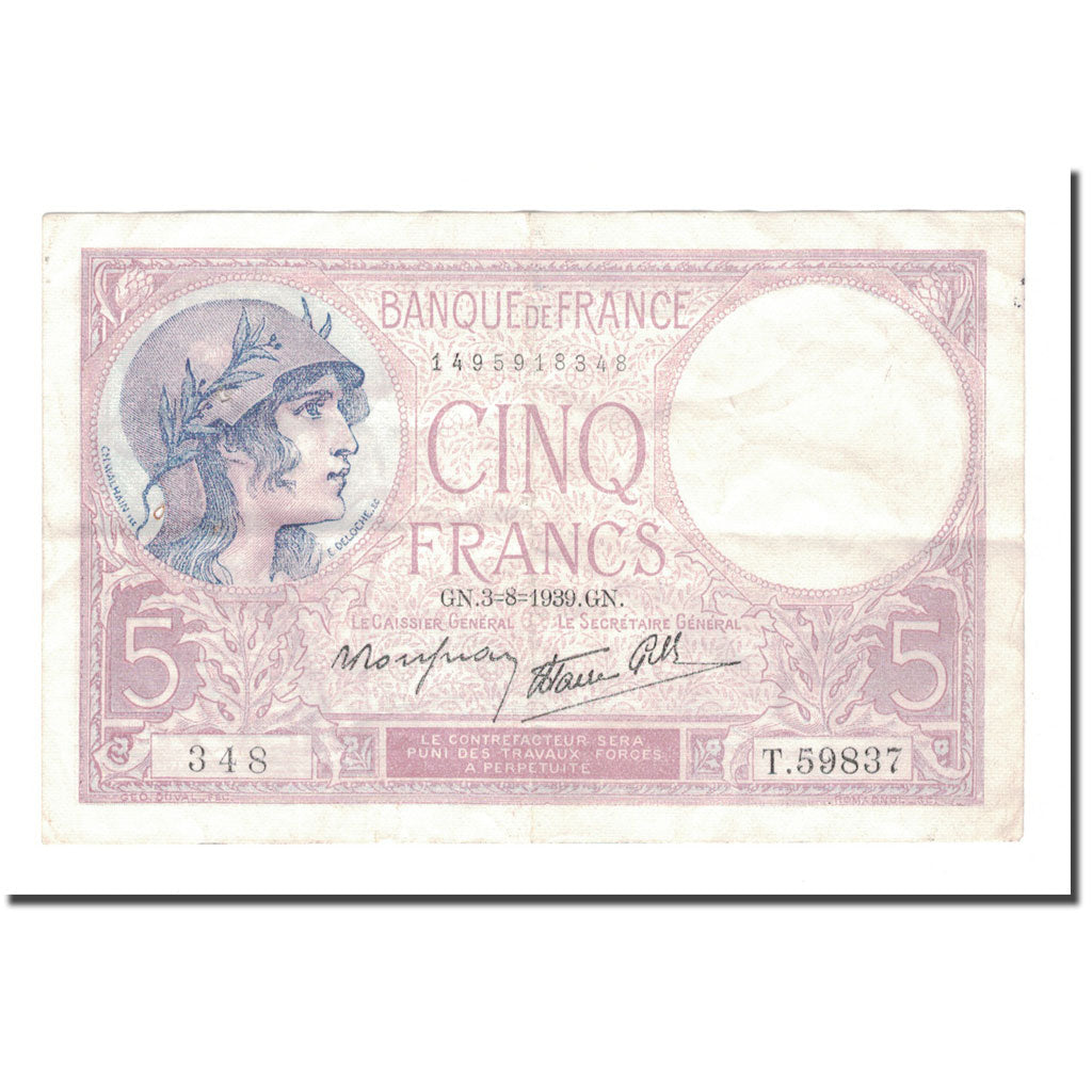 France, 5 Francs, 1939, 1939-08-03, EF(40-45), Fayette:4.4, KM:83