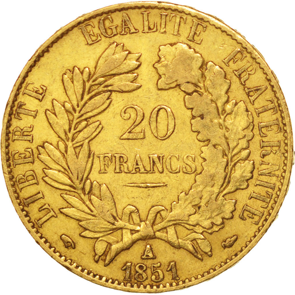 FRANCE, Cérès, 20 Francs, 1851, Paris, KM #762, EF(40-45), Gold, Gadoury #1059, 