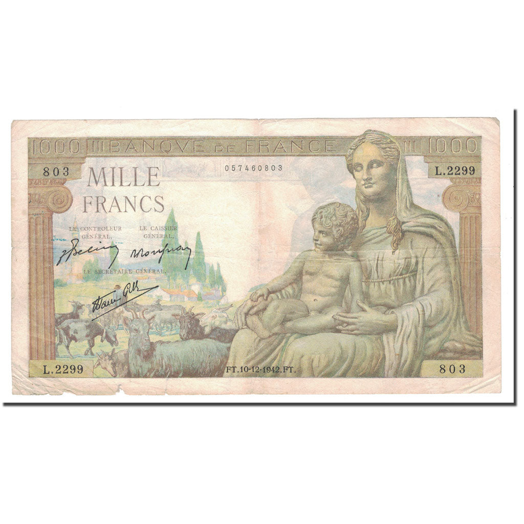 France, 1000 Francs, 1942, 1942-12-10, TB, Fayette:40.13, KM:102