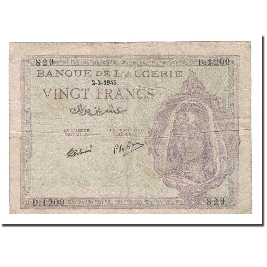 Banknote, Algeria, 20 Francs, 1945, 1945-02-02, KM:92b, F(12-15)
