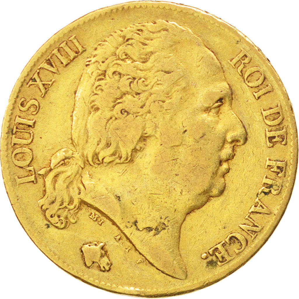 FRANCE, Louis XVIII, 20 Francs, 1819, Paris, KM #712.1, VF(30-35), Gold,...