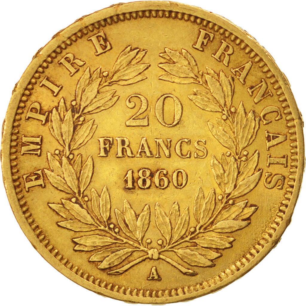 Second Empire, 20 Francs Or Napoléon III tête nue 1860 Paris, KM 781.1