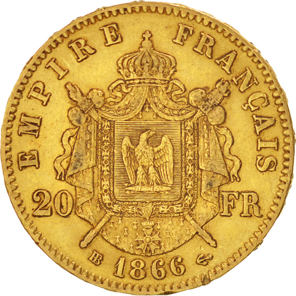 FRANCE, Napoléon III, 20 Francs, 1866, Strasbourg, KM #801.2, EF(40-45), Gold, G