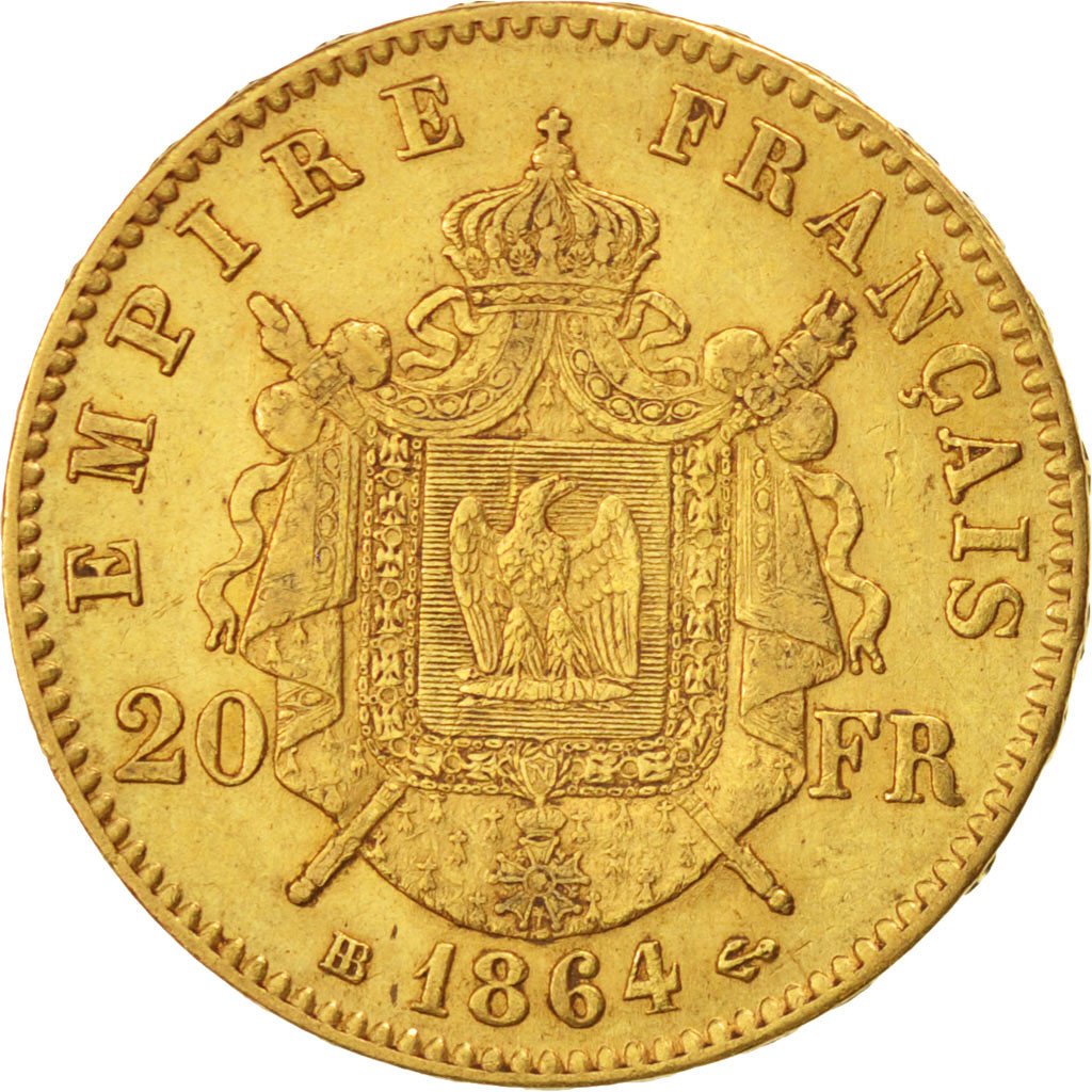 FRANCE, Napoléon III, 20 Francs, 1864, Strasbourg, KM #801.2, AU(50-53), Gold, G