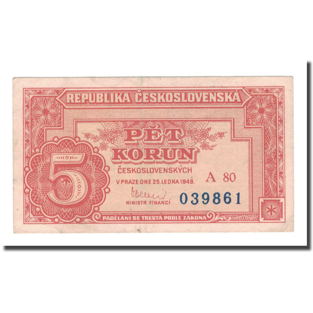 Banknote, Czechoslovakia, 5 Korun, 1949, 1949-01-25, KM:68a, AU(50-53)