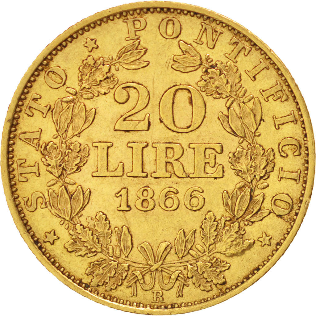 Munten, Italiaanse staten, PAPAL STATES, Pius IX, 20 Lire, 1866, Roma, ZF, Goud