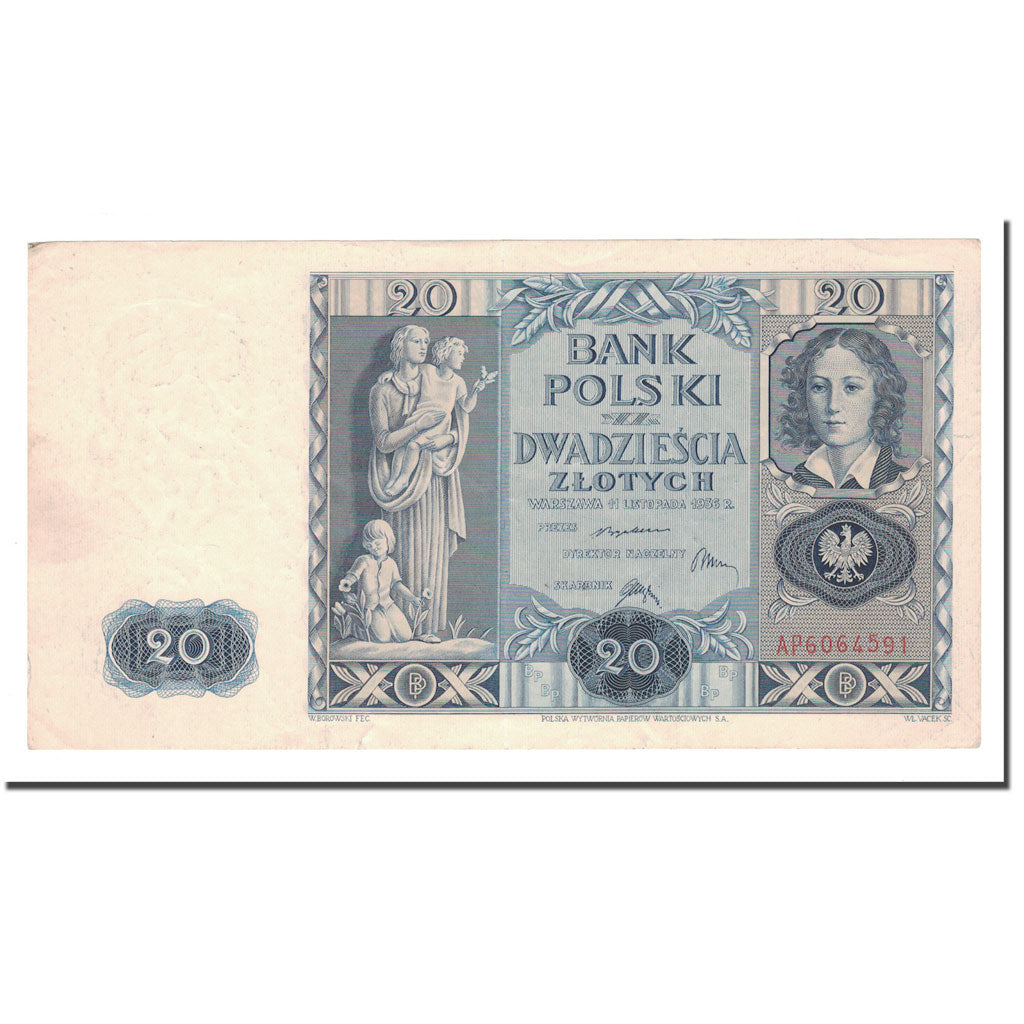 Banconote, Polonia, 20 Zlotych, 1936, 1936-11-11, KM:77, BB