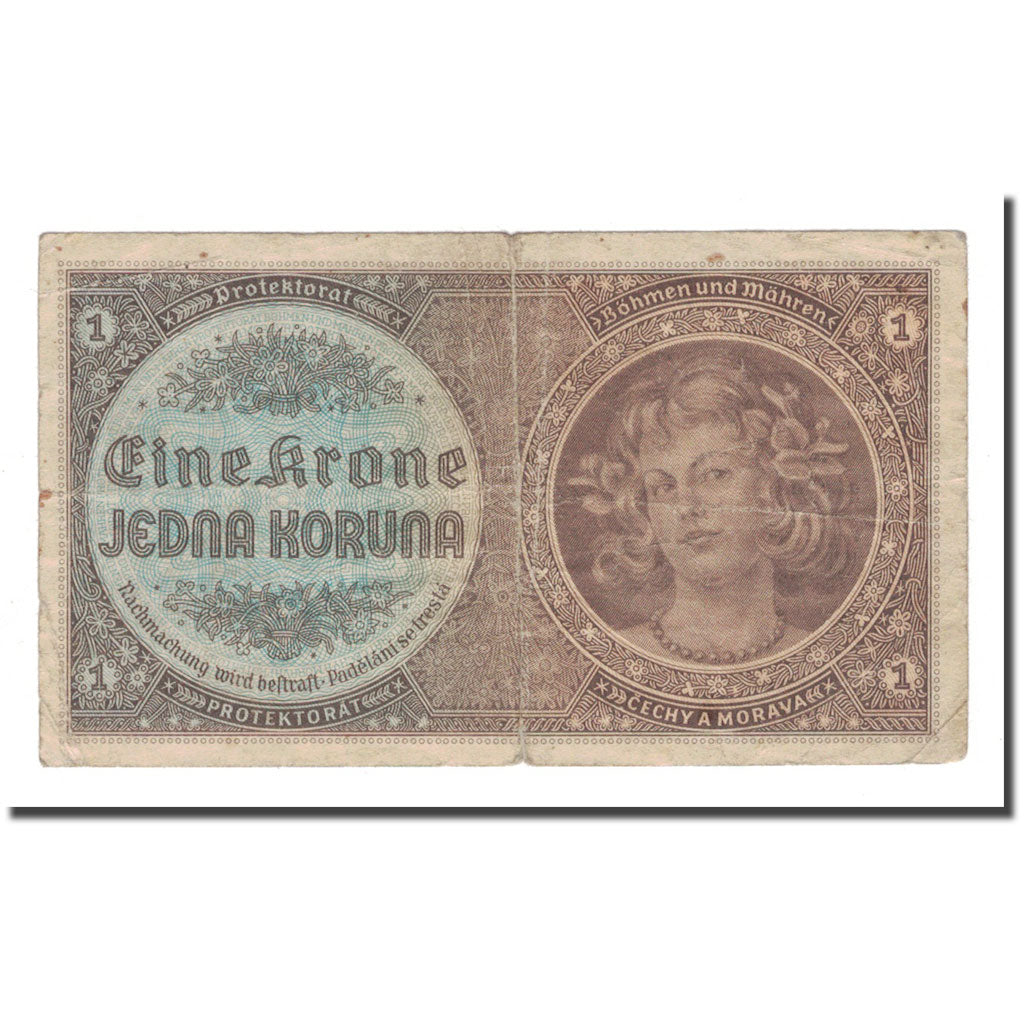 Banknote, Bohemia and Moravia, 1 Koruna, Undated (1940), KM:3a, VG(8-10)