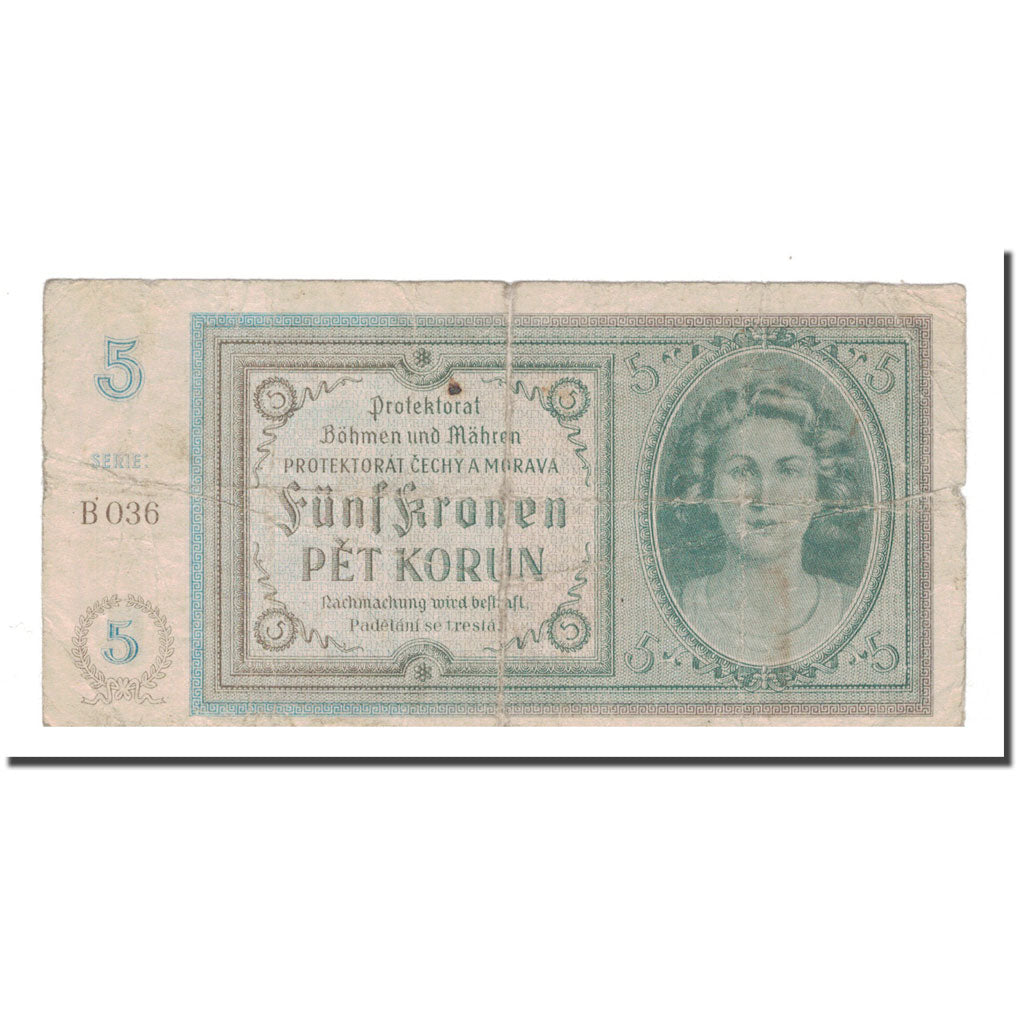 Billet, Bohemia and Moravia, 5 Korun, Undated (1940), KM:4a, B