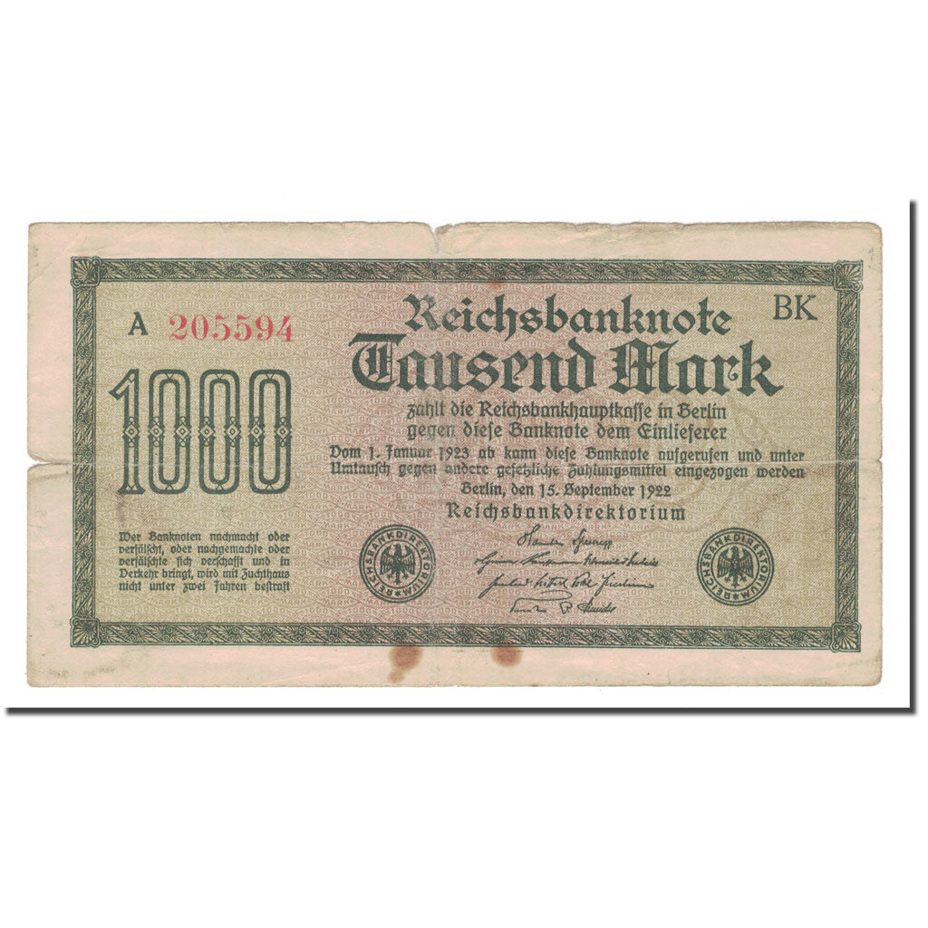 Banknote, Germany, 1000 Mark, 1922, 1922-09-15, KM:76c, VF(20-25)