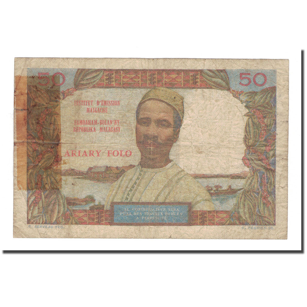 Banknote, Madagascar, 50 Francs = 10 Ariary, undated (1969), KM:61, VG(8-10)