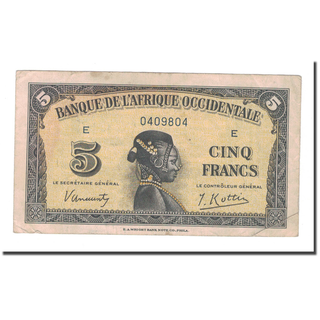 Nota, África Ocidental Francesa, 5 Francs, 1942, 1942-12-14, KM:28a, VF(30-35)