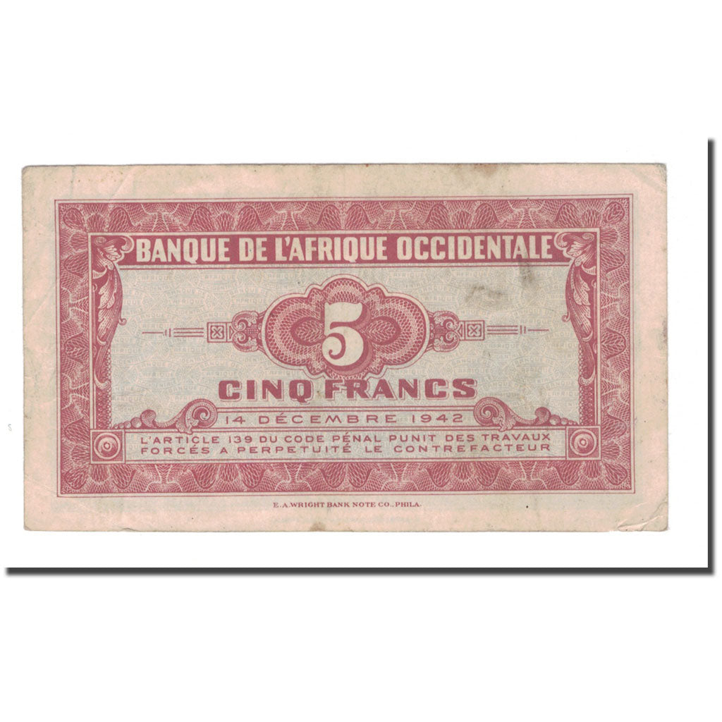 Nota, África Ocidental Francesa, 5 Francs, 1942, 1942-12-14, KM:28a, VF(30-35)