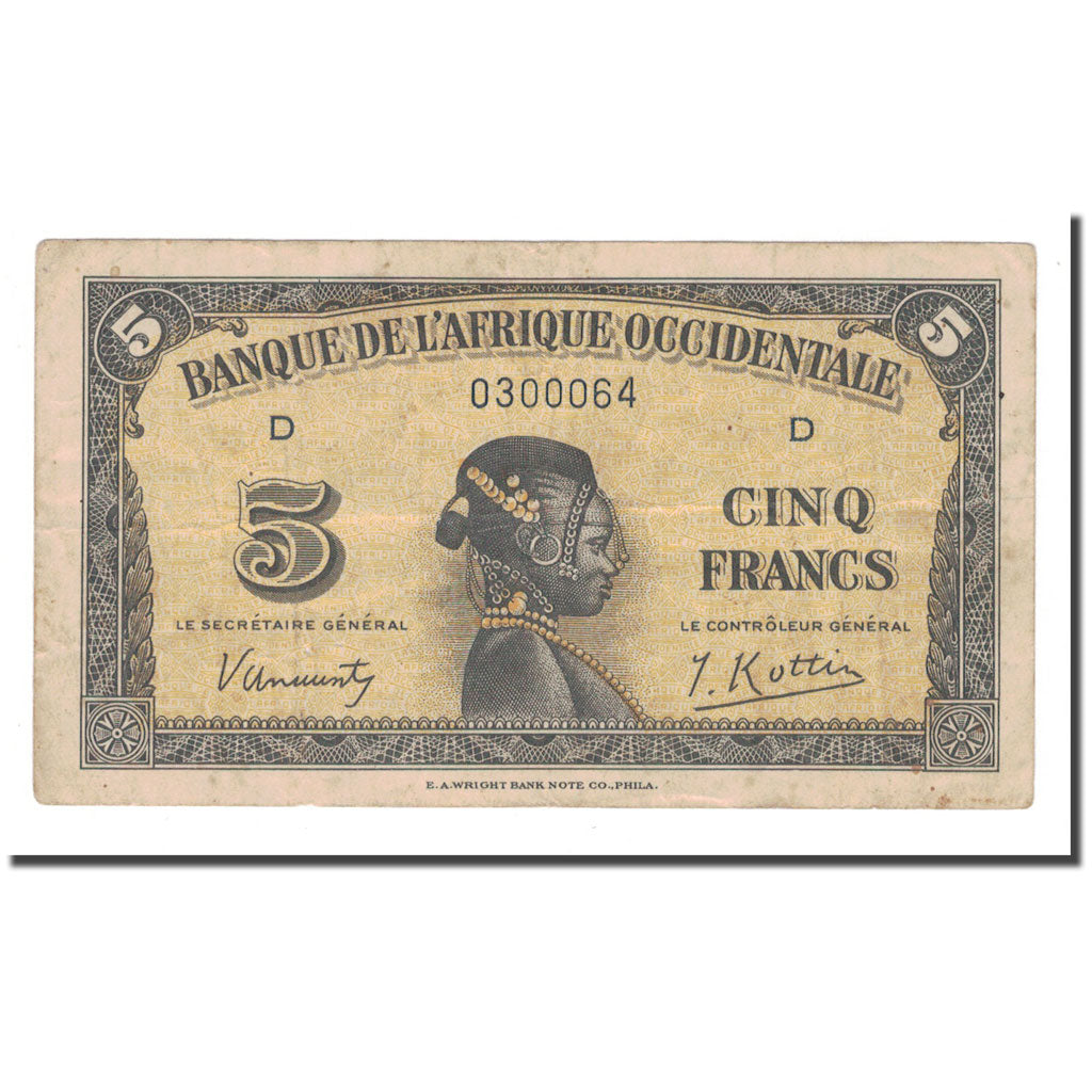 Banknot, Francuska Afryka Zachodnia, 5 Francs, 1942, 1942-12-14, KM:28a