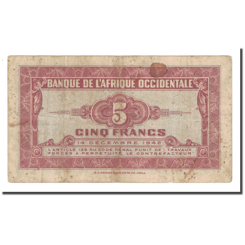 Banknot, Francuska Afryka Zachodnia, 5 Francs, 1942, 1942-12-14, KM:28a