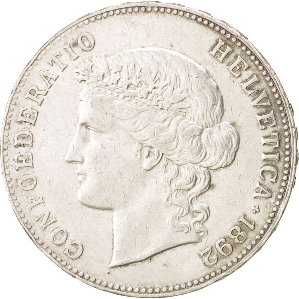 SWITZERLAND, 5 Francs, 1892, Bern, KM #34, EF(40-45), Silver, 37, 25.05