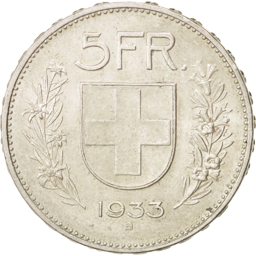 SWITZERLAND, 5 Francs, 1933, Bern, KM #40, AU(55-58), Silver, 31.45, 15.07
