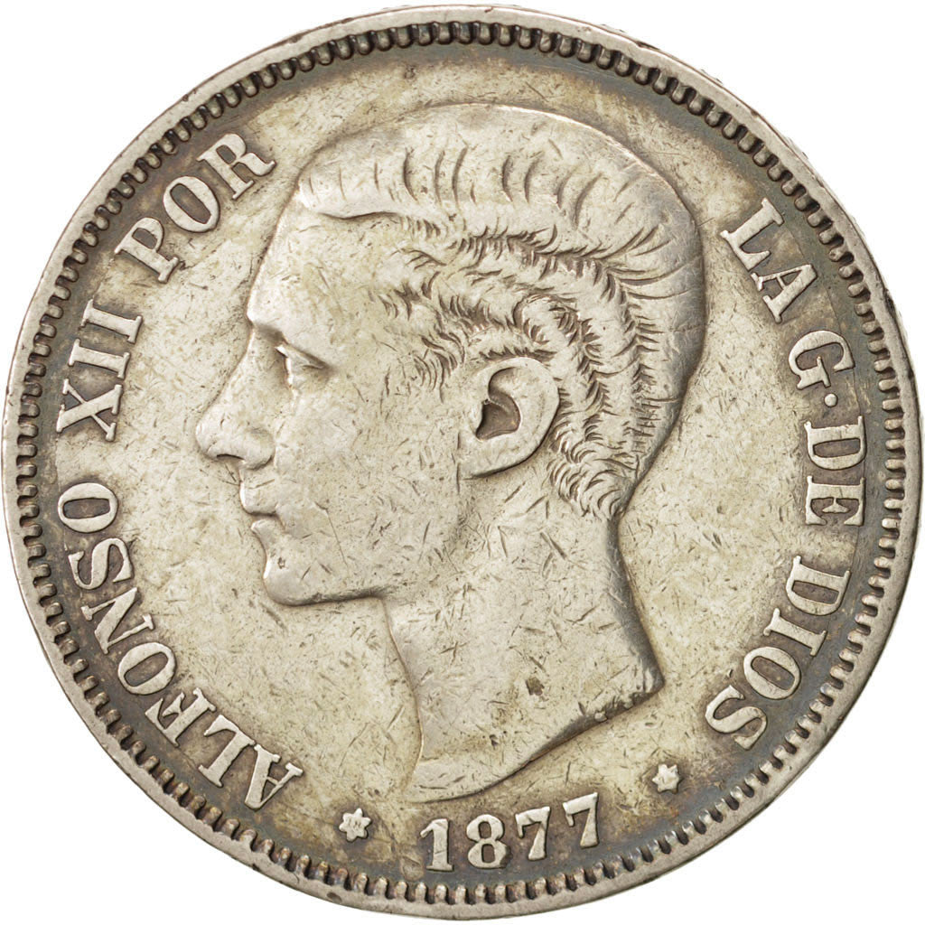 Spain, 5 Pesetas, 1877, Madrid, KM #676, EF(40-45), Silver, 24.77