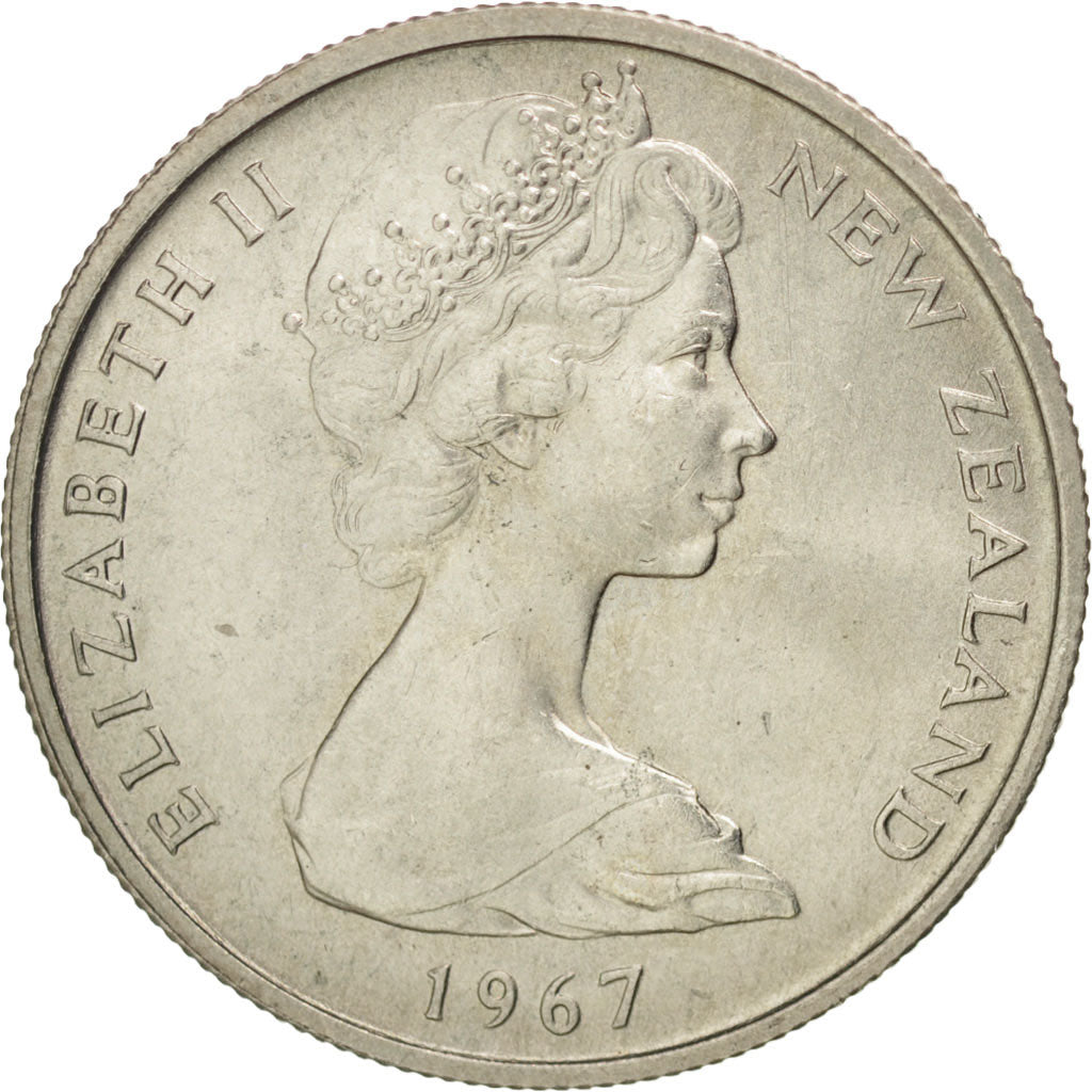NEW ZEALAND, 5 Cents, 1967, KM #34.1, AU(55-58), Copper-Nickel, 19.43, 2.85