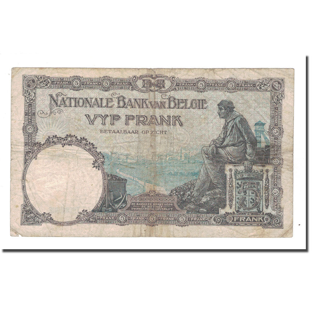 Banknote, Belgium, 5 Francs, 1927, 1927-02-04, KM:97b, VF(20-25)
