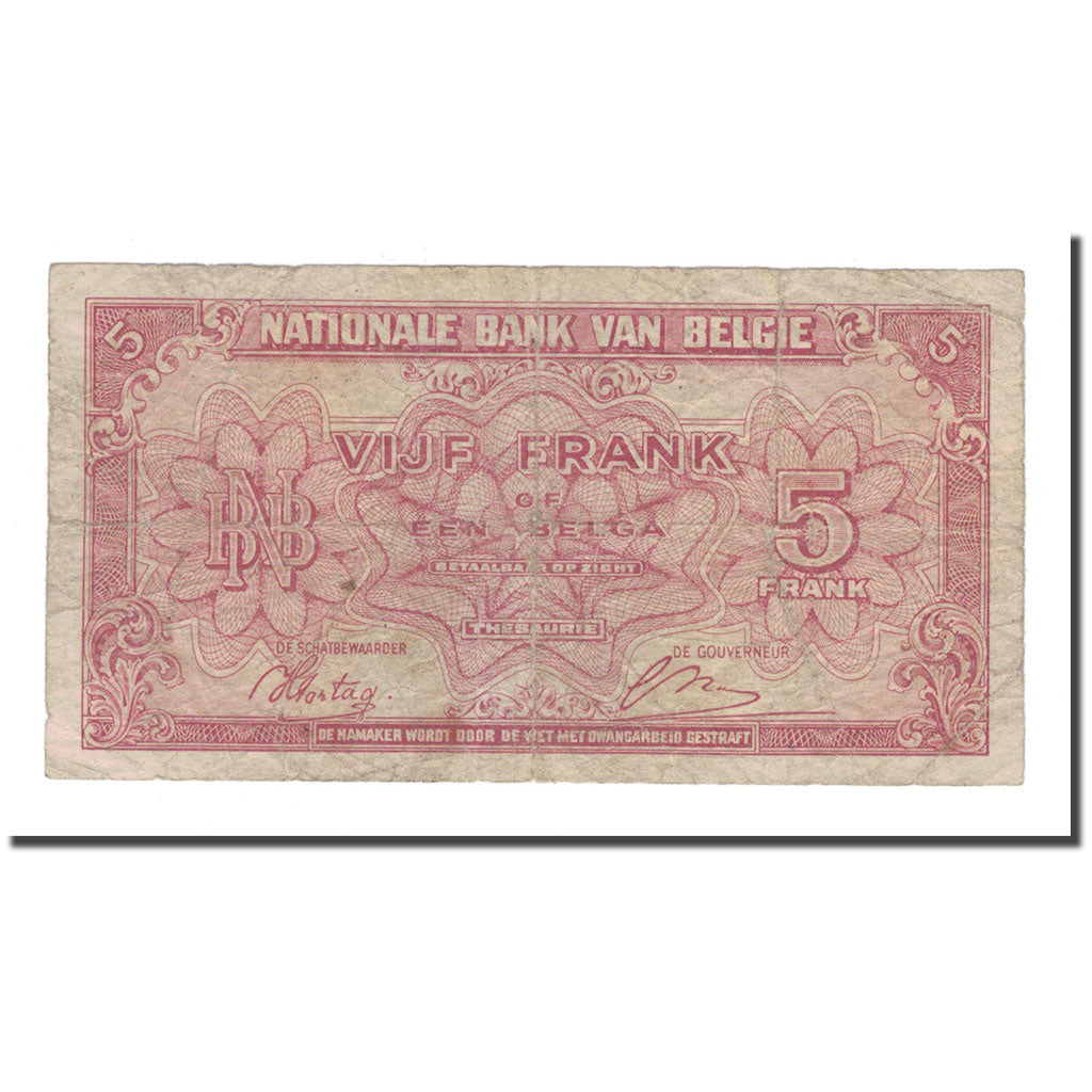 Banknote, Belgium, 5 Francs-1 Belga, 1943, 1943-02-01, KM:121, VF(20-25)