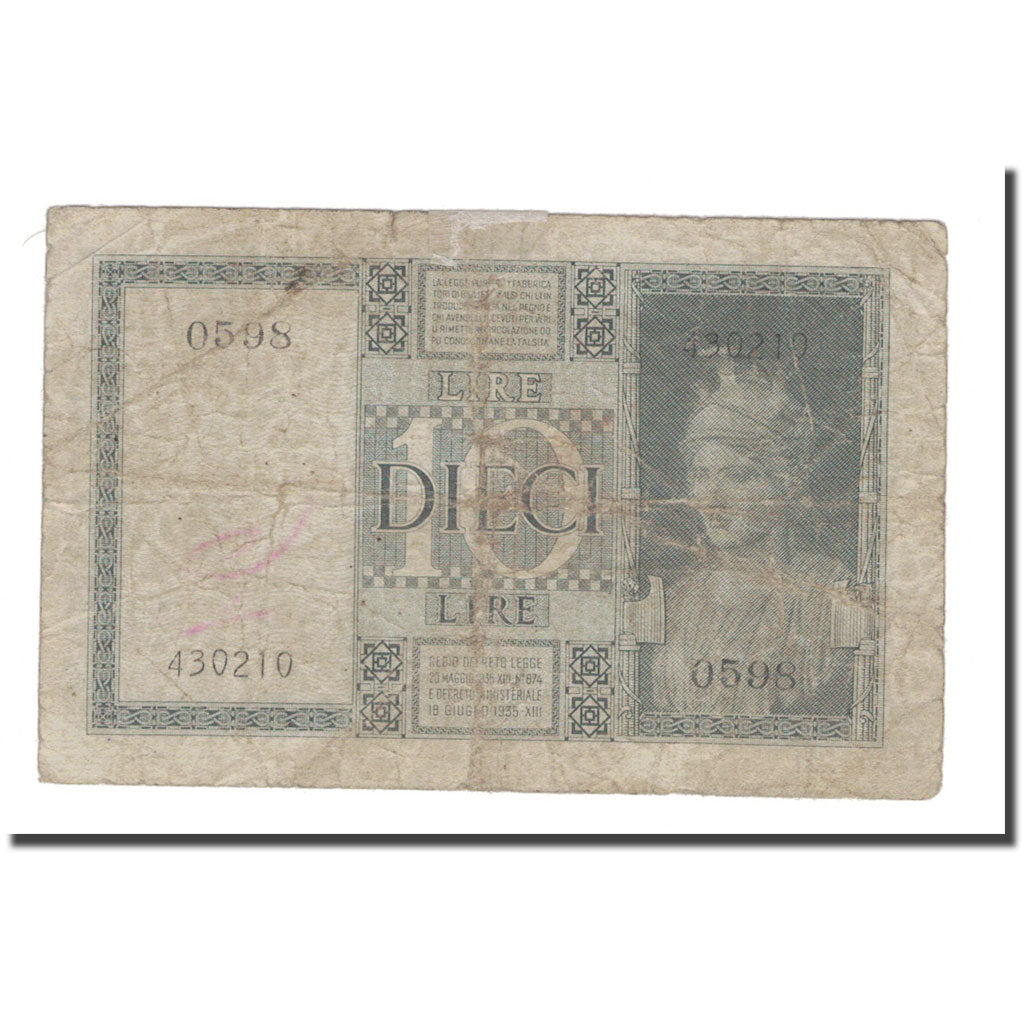 Banknote, Italy, 10 Lire, 1939, KM:25c, F(12-15)