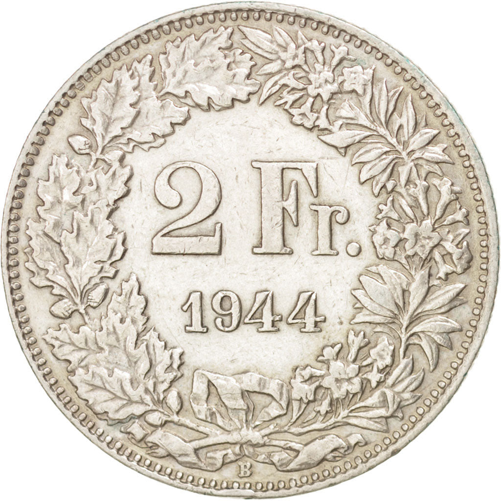 SWITZERLAND, 2 Francs, 1944, Bern, KM #21, EF(40-45), Silver, 27.4, 9.99