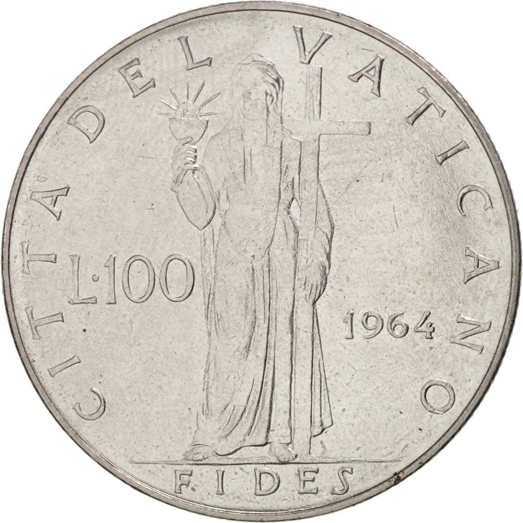 VATICAN CITY, 100 Lire, 1964, Roma, KM #82.2, AU(55-58), Stainless Steel,...