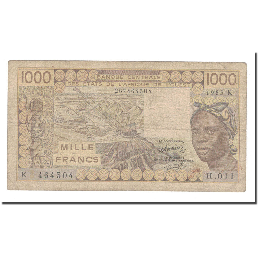 Banknote, West African States, 1000 Francs, 1985, KM:107Af, VG(8-10)