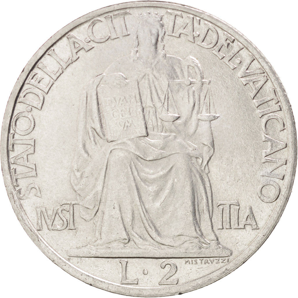 VATICAN CITY, 2 Lire, 1942, KM #36, AU(55-58), Stainless Steel, 29, 10.17