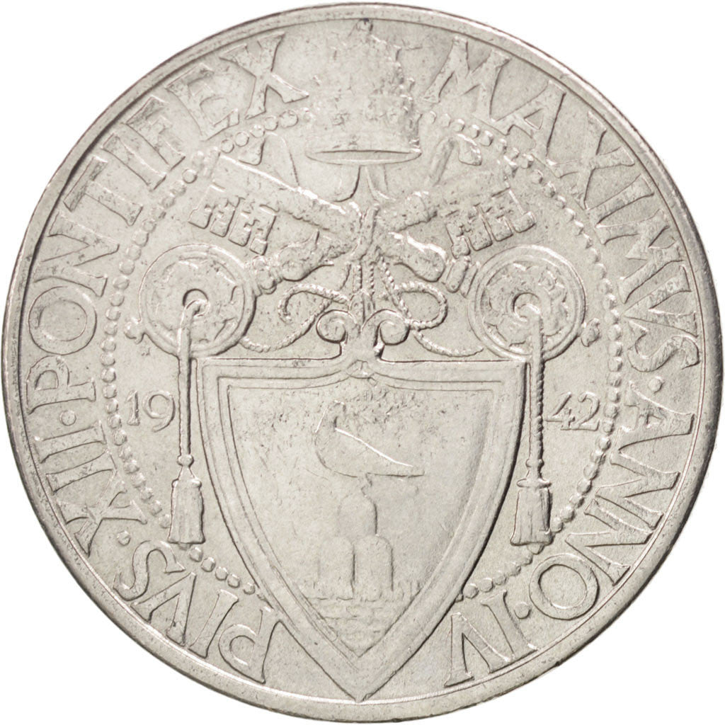 VATICAN CITY, 2 Lire, 1942, KM #36, AU(55-58), Stainless Steel, 29, 10.17