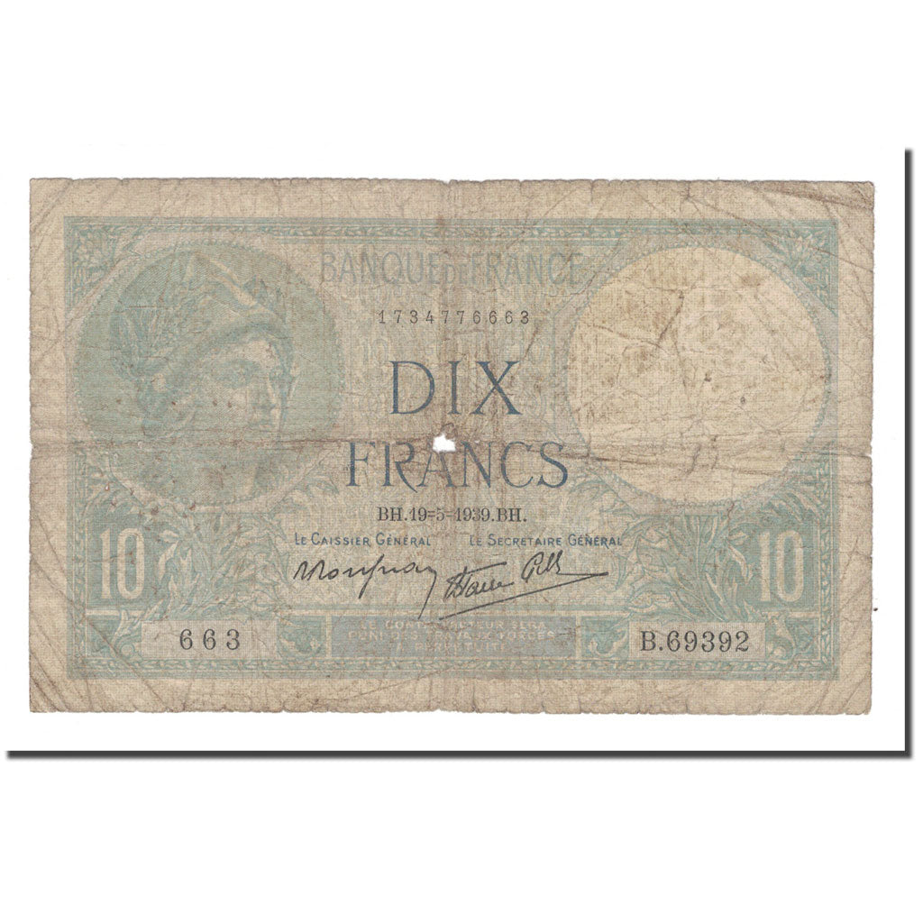 France, 10 Francs, 1939, 1939-05-19, VG(8-10), Fayette:7.3, KM:84