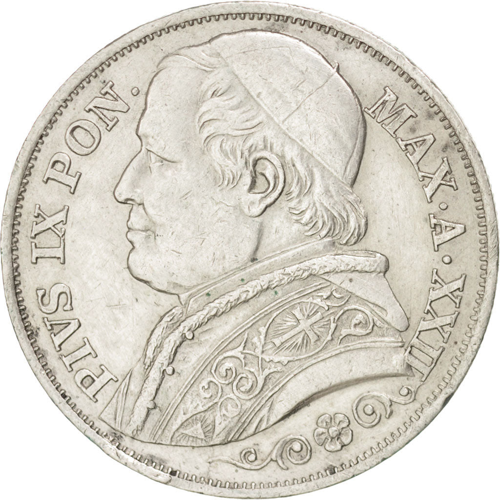 ITALIAN STATES, 2 Lire, 1867, Roma, KM #1379.2, AU(50-53), Silver, 9.97