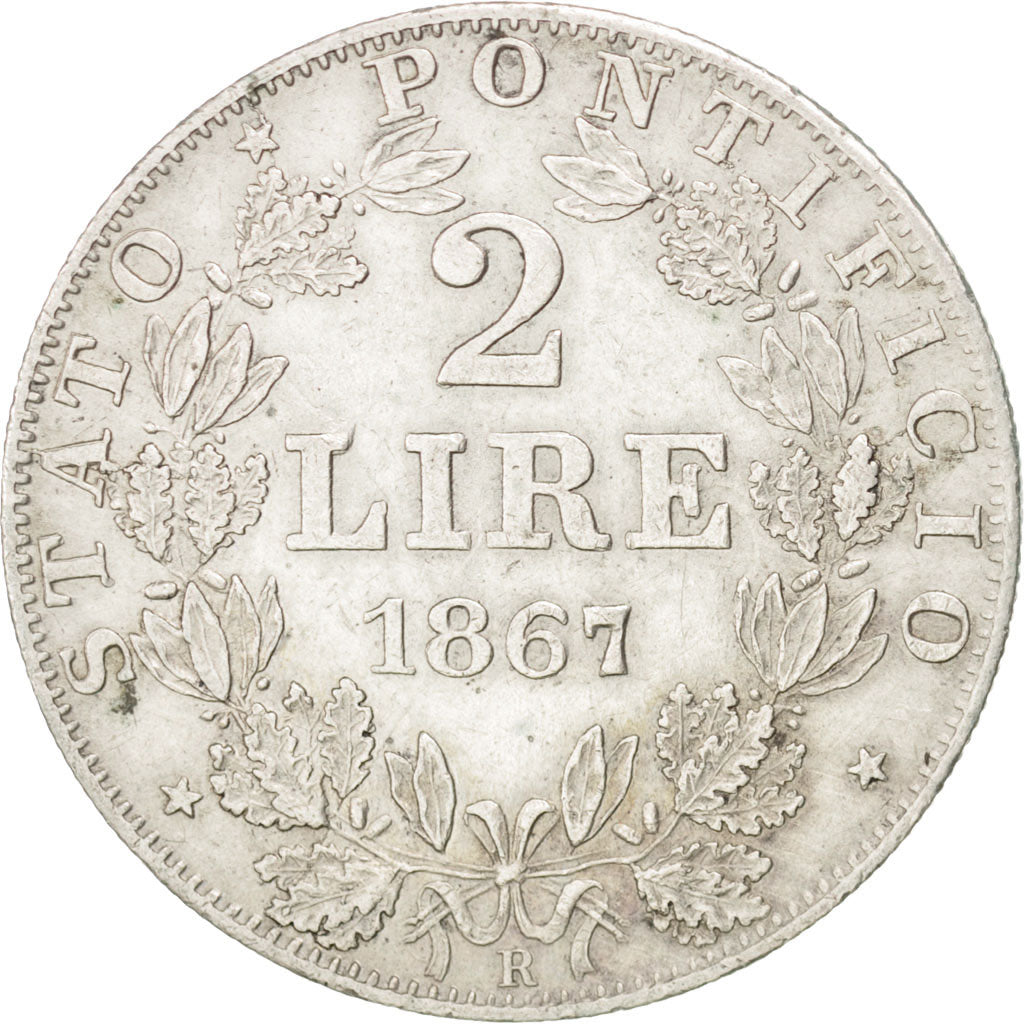 ITALIAN STATES, 2 Lire, 1867, Roma, KM #1379.2, AU(50-53), Silver, 9.97