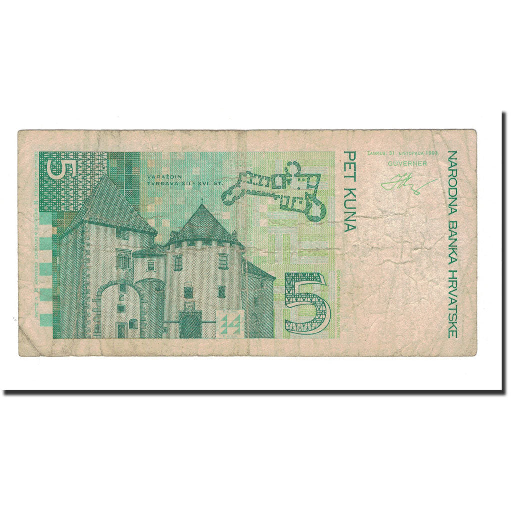 Billet, Croatie, 5 Kuna, 1993, 1993-10-31, KM:28a, B+