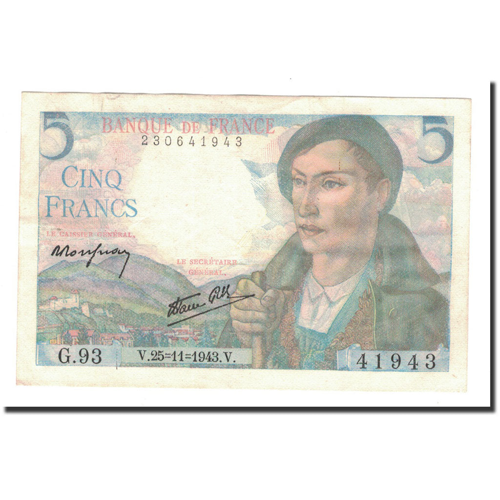 France, 5 Francs, Berger, 1943, 1943-11-25, AU(50-53), Fayette:5.4, KM:98a