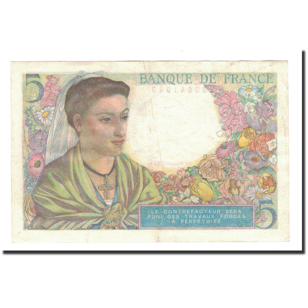 France, 5 Francs, Berger, 1943, 1943-11-25, AU(50-53), Fayette:5.4, KM:98a