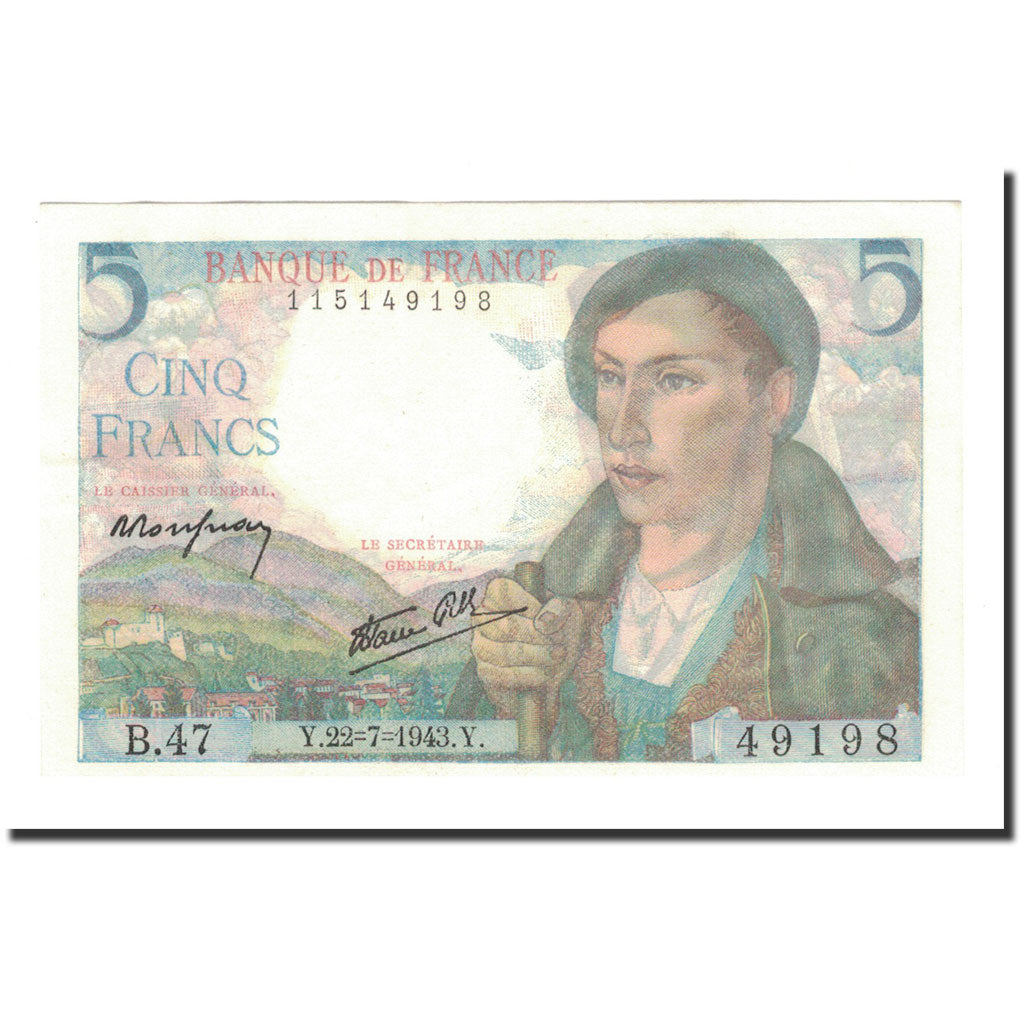 Frankrijk, 5 Francs, Berger, 1943, 1943-07-22, TTB+, Fayette:5.2, KM:98a