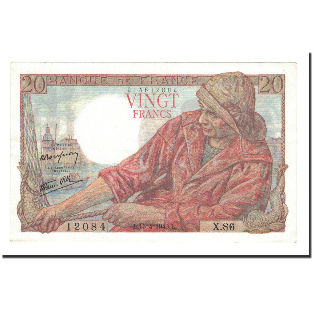 France, 20 Francs, Pêcheur, 1943, 1943-04-15, TTB+, Fayette:13.6, KM:100a