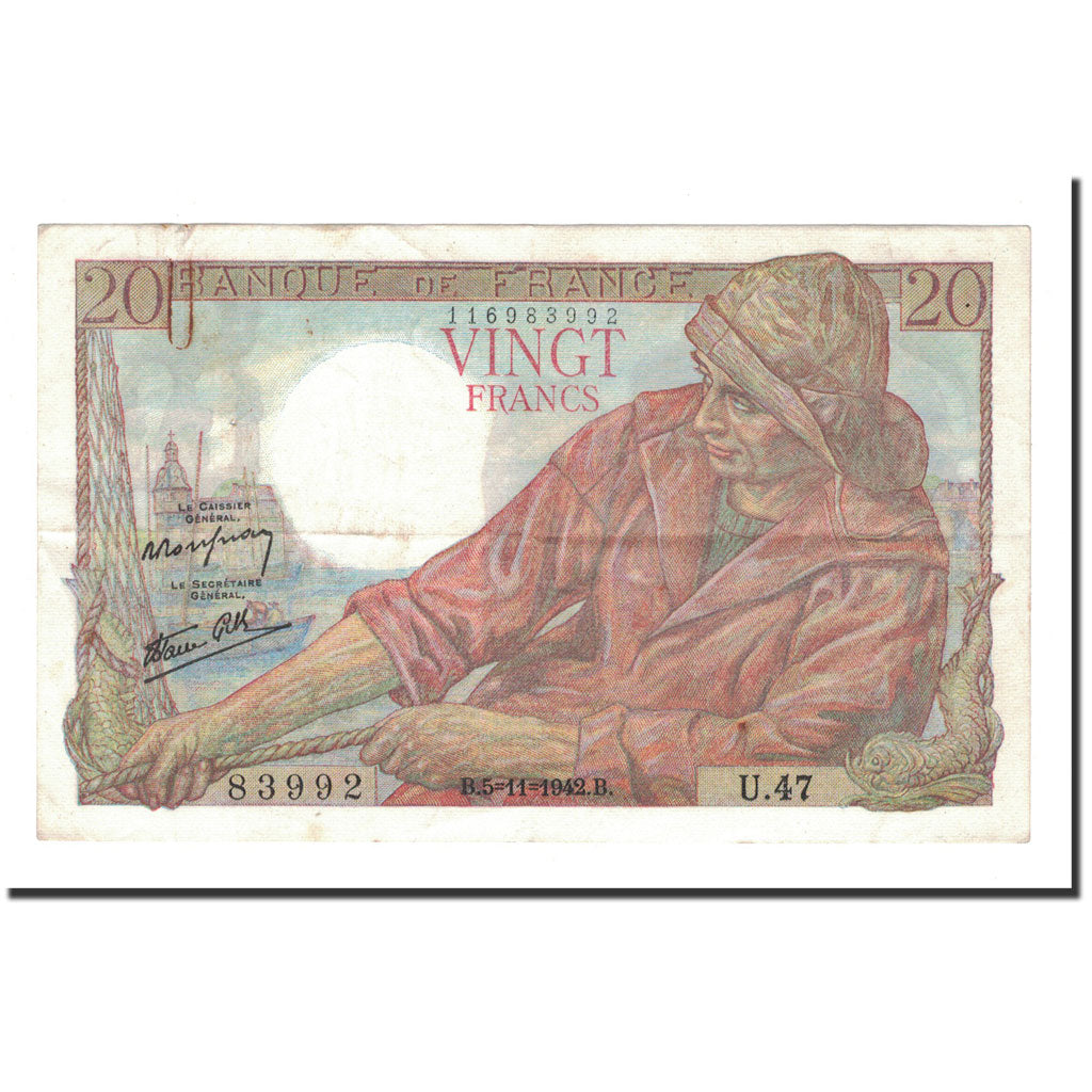 France, 20 Francs, Pêcheur, 1942, 1942-11-05, TTB+, Fayette:13.4, KM:100a