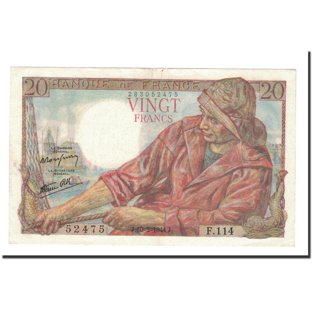 Francia, 20 Francs, Pêcheur, 1944, 1944-02-10, BB+, Fayette:13.8, KM:100a
