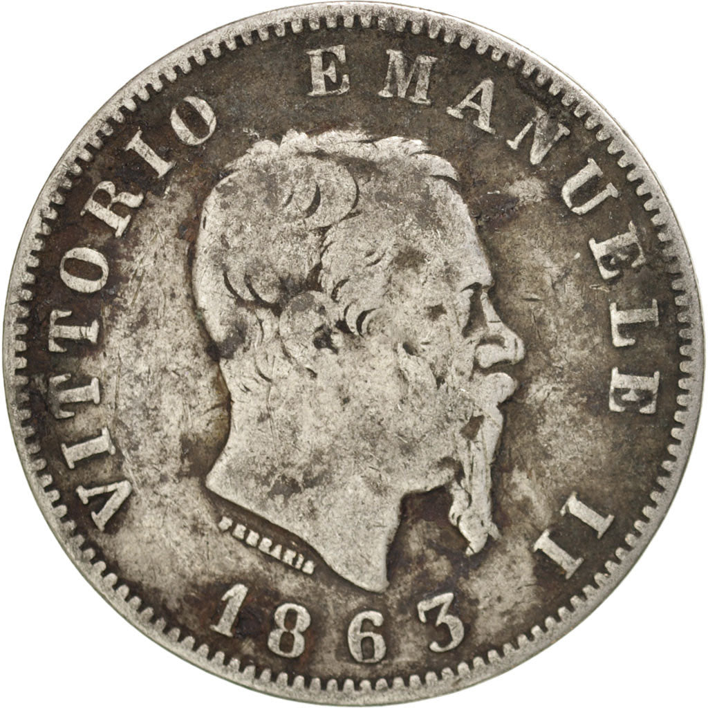ITALY, Lira, 1863, Milan, KM #15.1, VF(20-25), Silver, 4.82