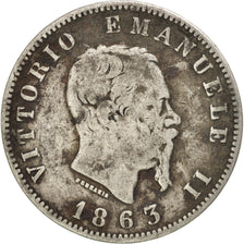 ITALY, Lira, 1863, Milan, KM #15.1, VF(20-25), Silver, 4.82