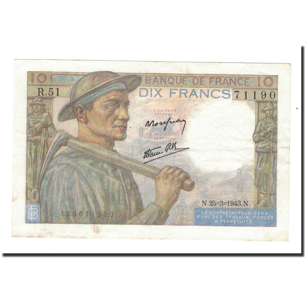 France, 10 Francs, Mineur, 1943, 1943-03-25, TTB+, Fayette:8.8, KM:99e