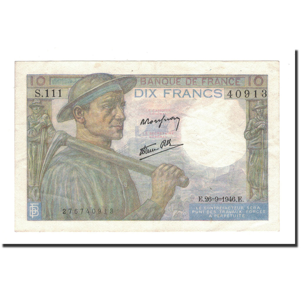 Francia, 10 Francs, Mineur, 1946, 1946-09-26, BB+, Fayette:8.15, KM:99e