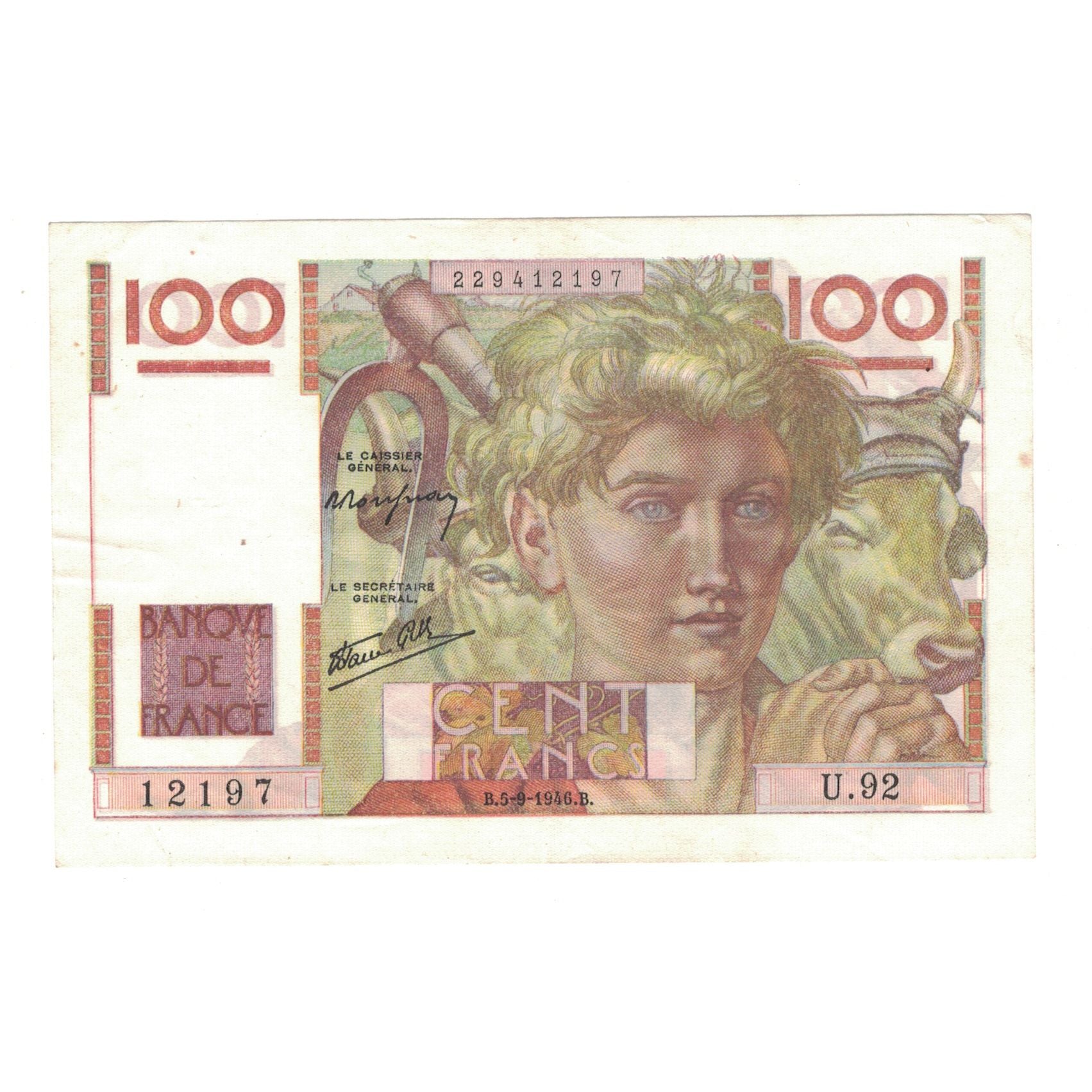 France, 100 Francs, Jeune Paysan, 1946, 1946-09-05, AU(50-53), Fayette:28.8