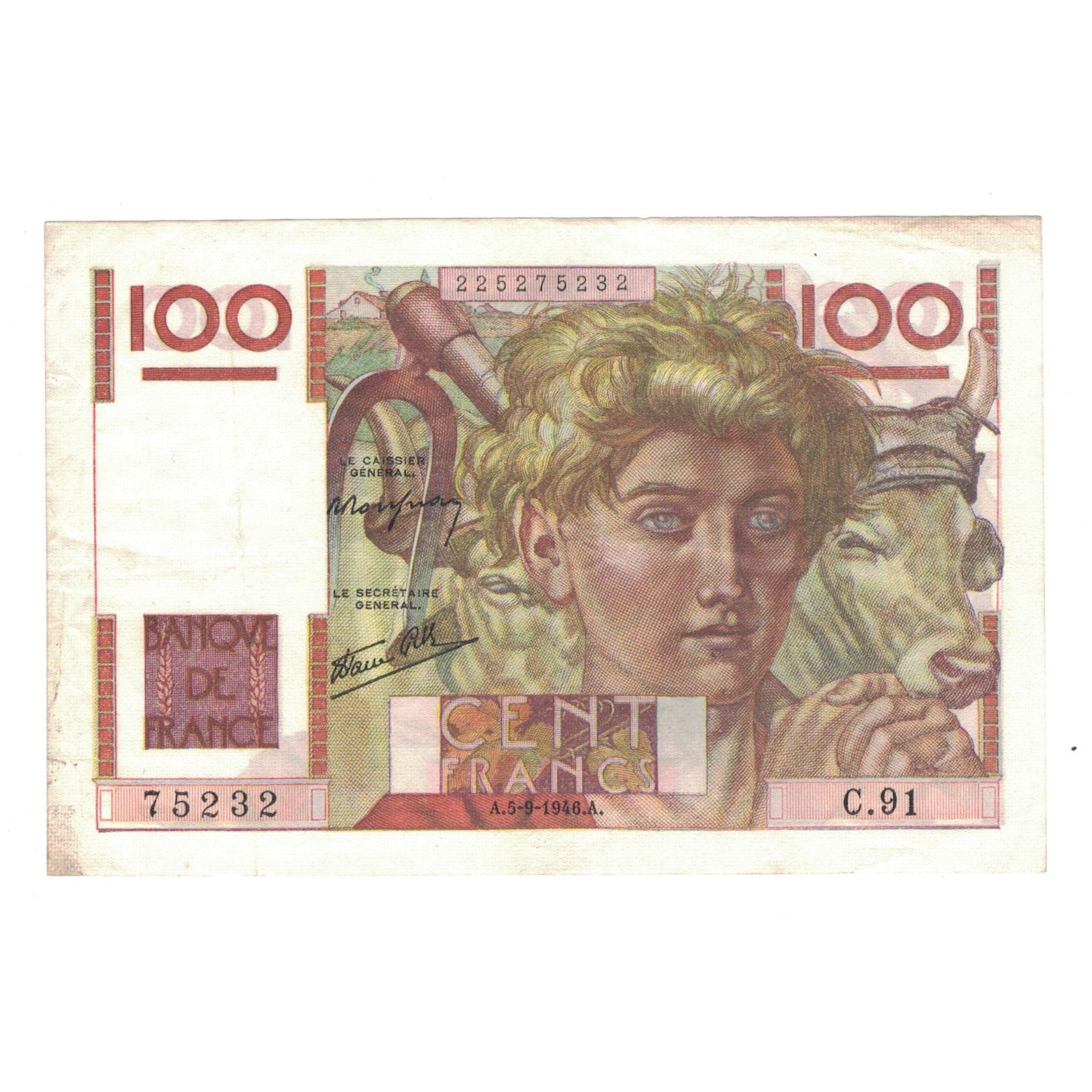 France, 100 Francs, Jeune Paysan, 1946, 1946-09-05, EF(40-45), Fayette:28.8