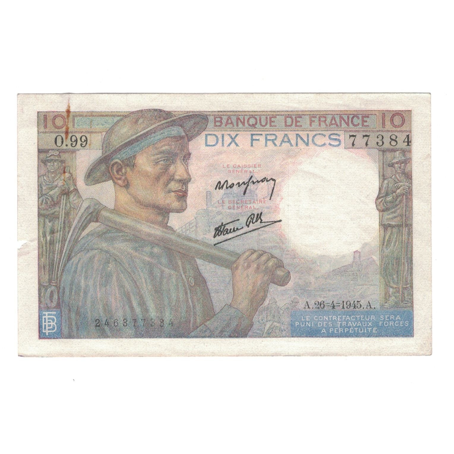 France, 10 Francs, Mineur, 1945, 1945-04-26, AU(50-53), Fayette:8.14, KM:99e