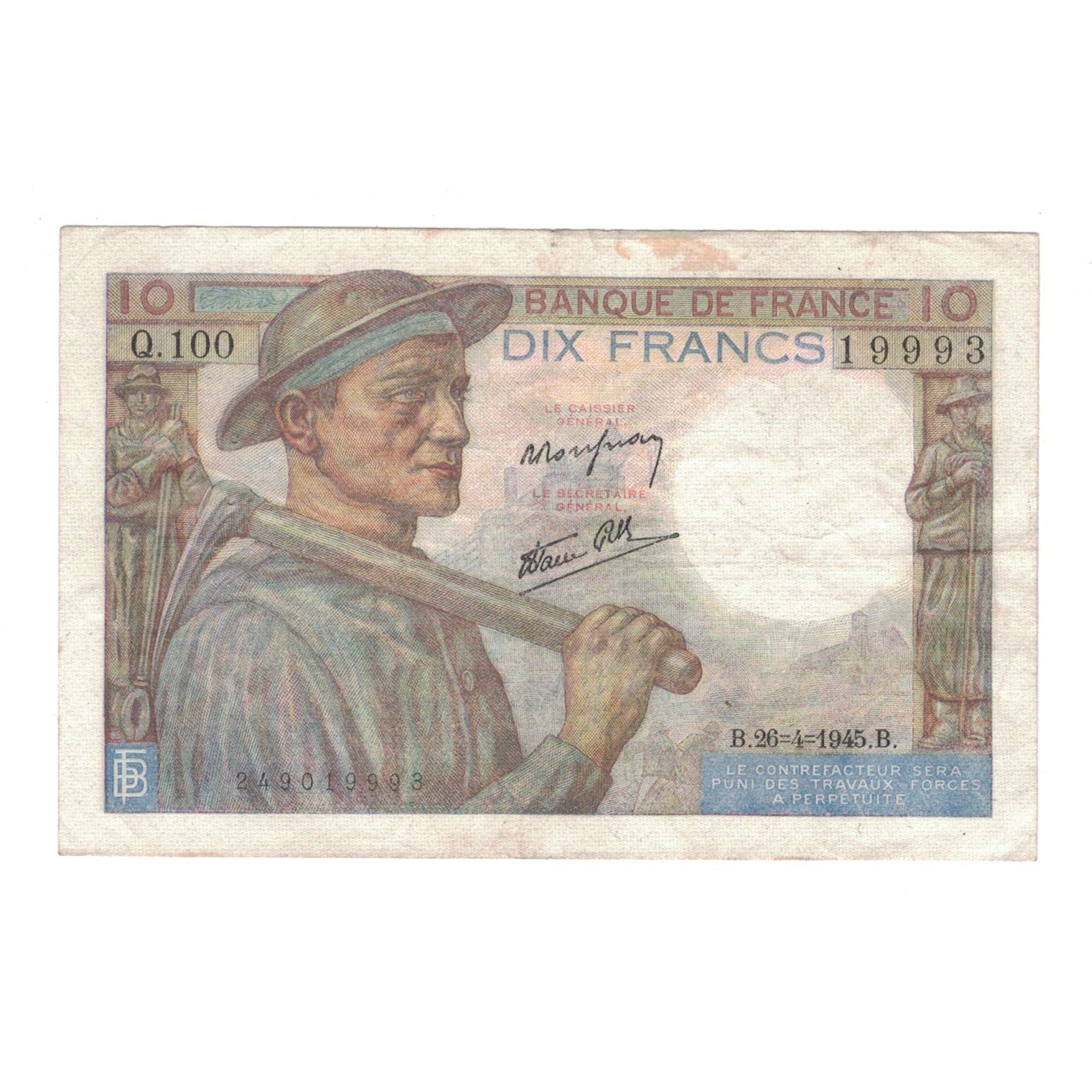 Francia, 10 Francs, Mineur, 1945, 1945-04-26, MBC, Fayette:8.14, KM:99e