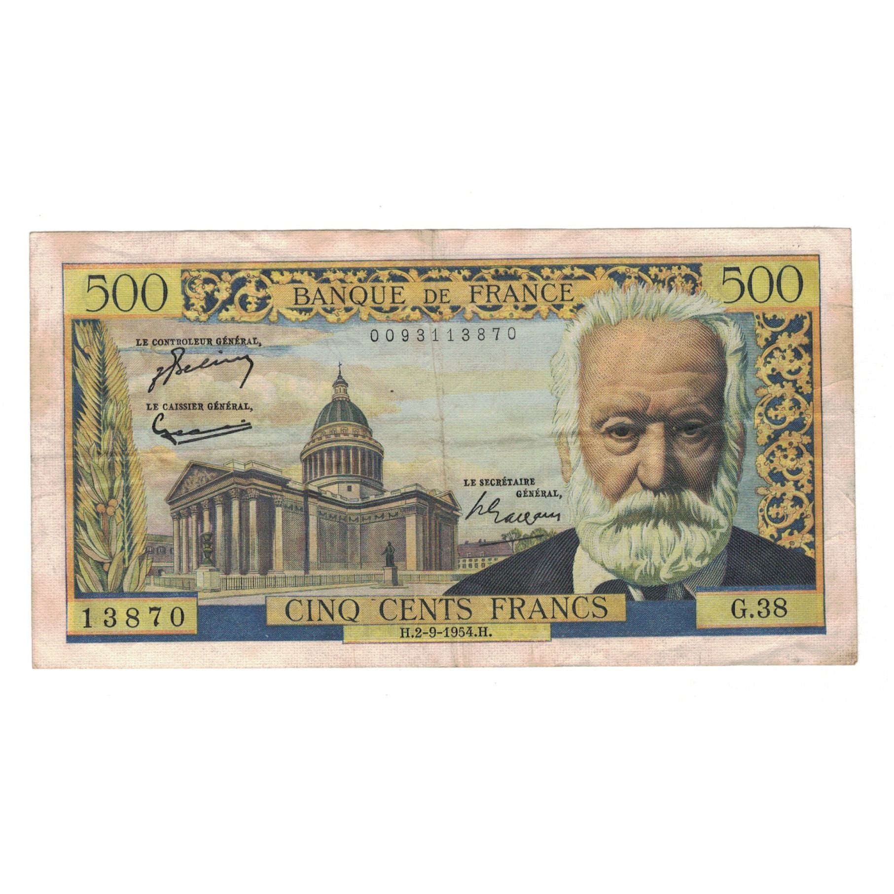 Francia, 500 Francs, Victor Hugo, 1954, 1954-09-02, BB, Fayette:35.3, KM:133a